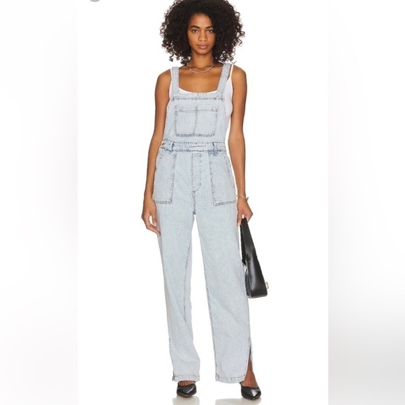 NWT WeWoreWhat slouchy slit overalls light wash high rise straight leg split hem - Picture 1 of 15